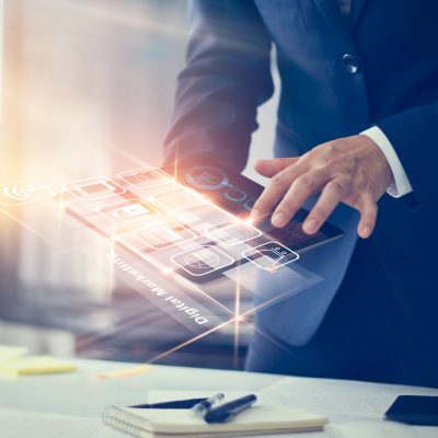 Digital marketing. Businessman using modern interface payments online shopping and icon customer network connection on virtual screen. Business innovation technology concept