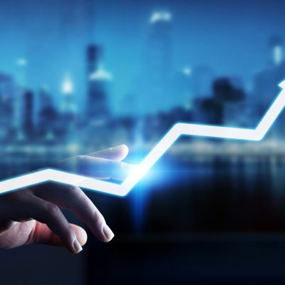 Businessman touching digital arrow with his finger 3D rendering