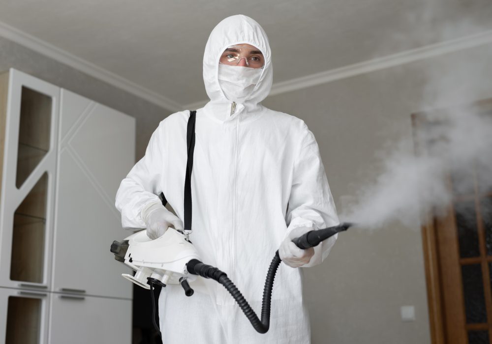 Disinfector in a protective suit conducts disinfection in home. Disinfector in a protective suit conducts disinfection in home. professional disinfection against COVID-19, coronavirus. in clothing protecting from chemical poisoning in the industry